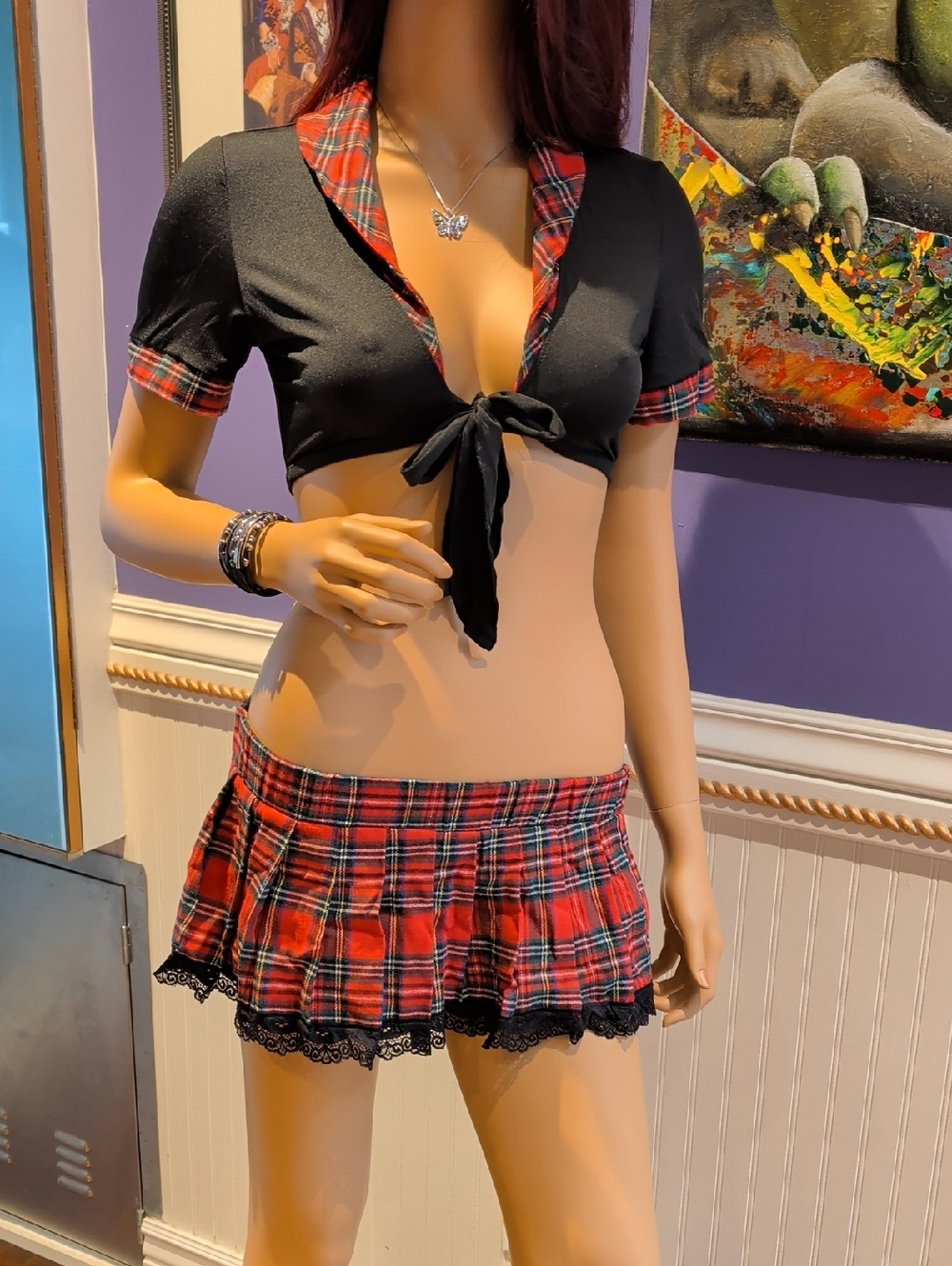 Women’s Black & Red Plaid Tie-Front Crop Top and Mini Skirt Set